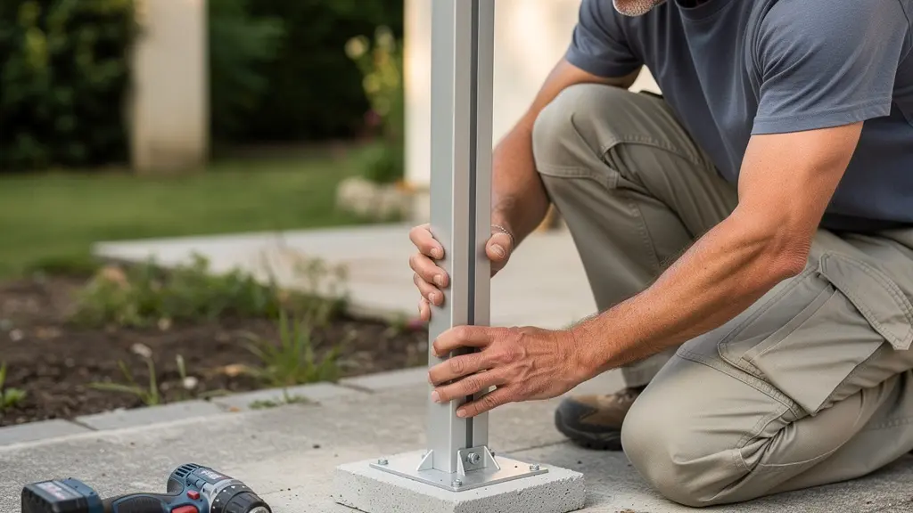 Bricoleur assemblant un poteau aluminium de store sur plot béton
