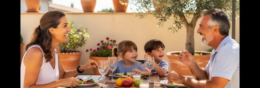 Famille attablée sous store double pente déployé sur terrasse ensoleillée