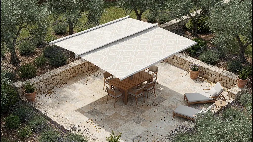 Vue aérienne terrasse avec store double pente montrant la zone ombragée