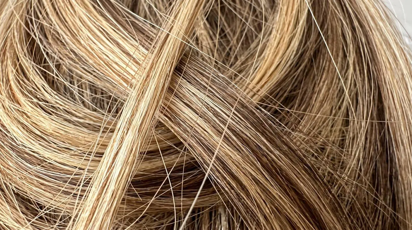 Gros plan détaillé sur des mèches de cheveux balayés révélant des reflets blonds et châtains naturels avec une brillance saine