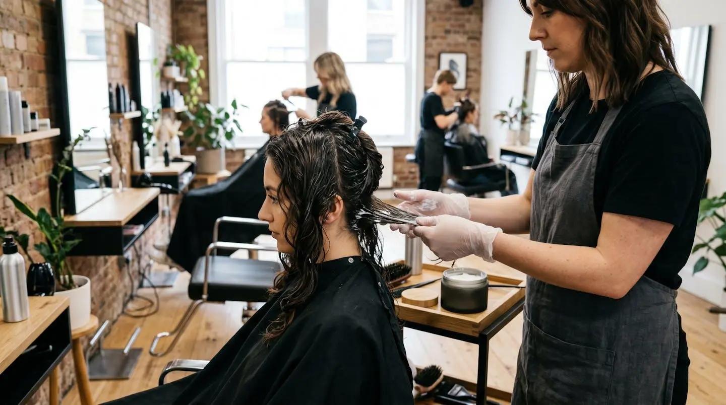 Mains expertes d'une coiffeuse professionnelle appliquant délicatement un masque capillaire végane sur les cheveux d'une cliente dans un salon moderne