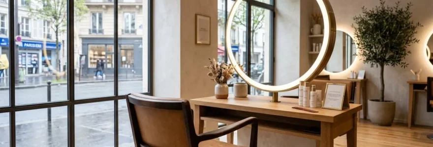 Salon de coiffure haut de gamme à l'ambiance boudoir chic, avec fauteuil élégant et miroir lumineux dans un décor contemporain épuré