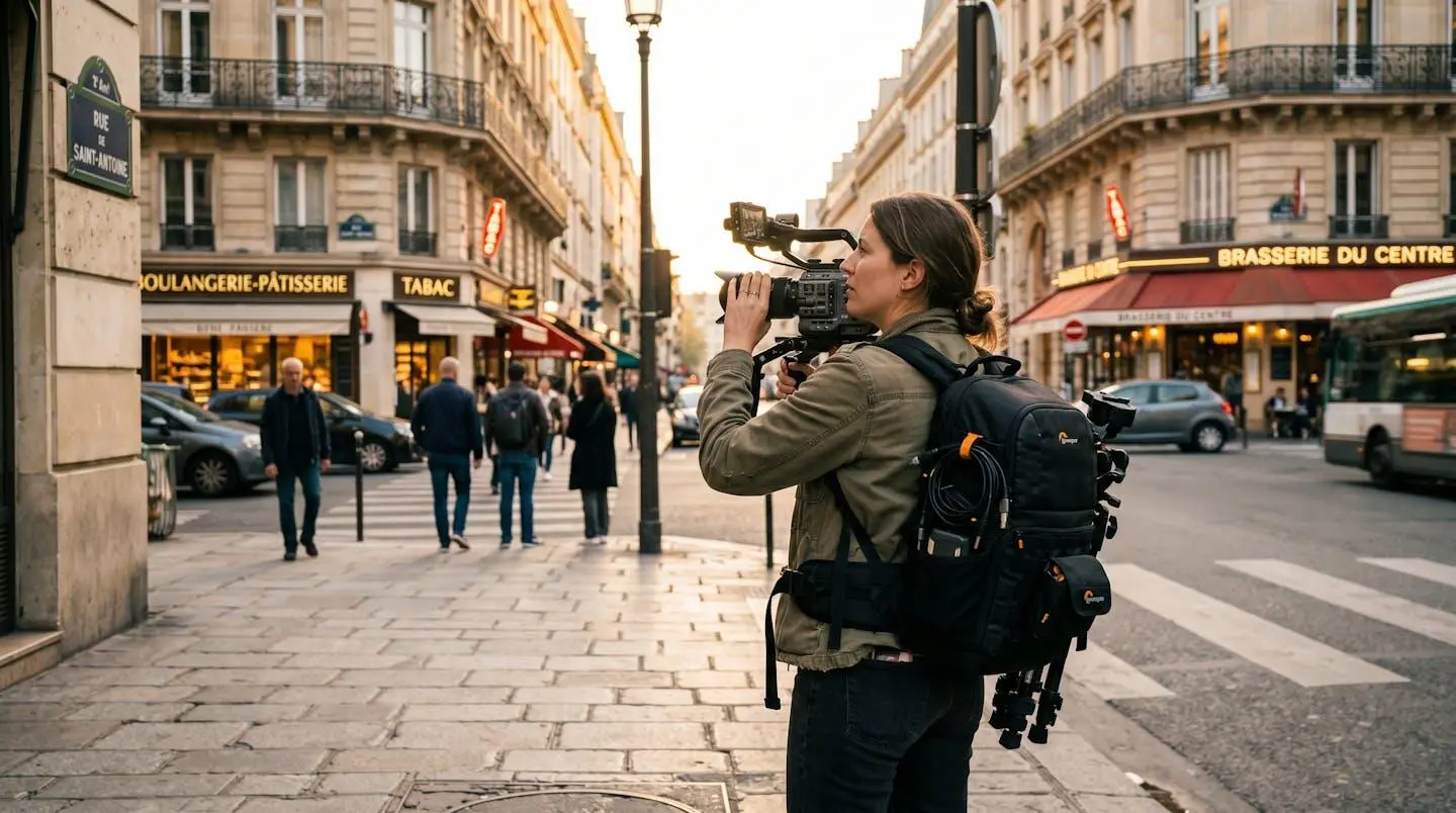 Cadreur filmant en extérieur avec caméra compacte professionnelle sur épaule dans une rue urbaine française en lumière naturelle