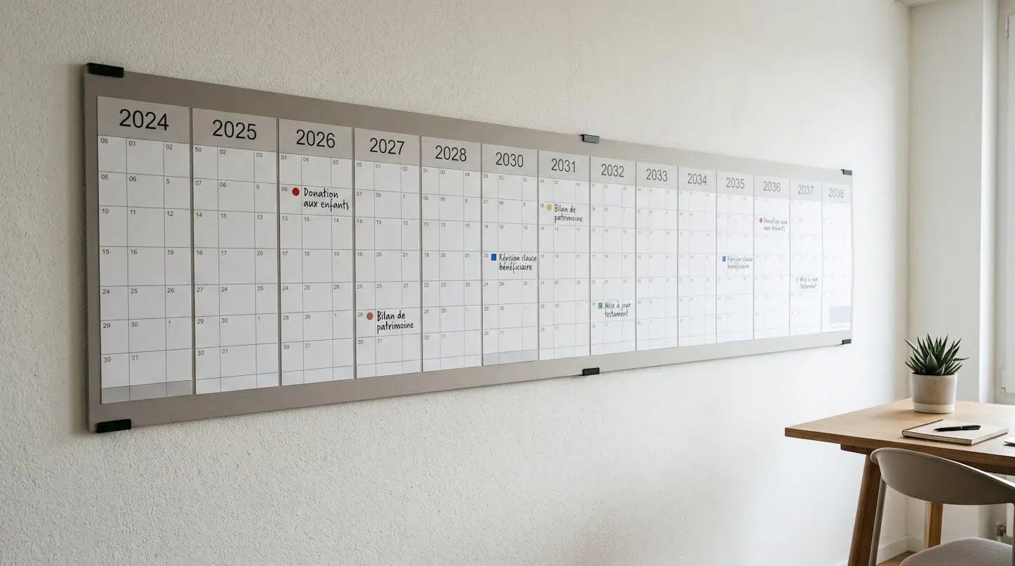 Calendrier de planification patrimoniale montrant jalons sur 15 ans avec dates de donations et révisions de clause bénéficiaire
