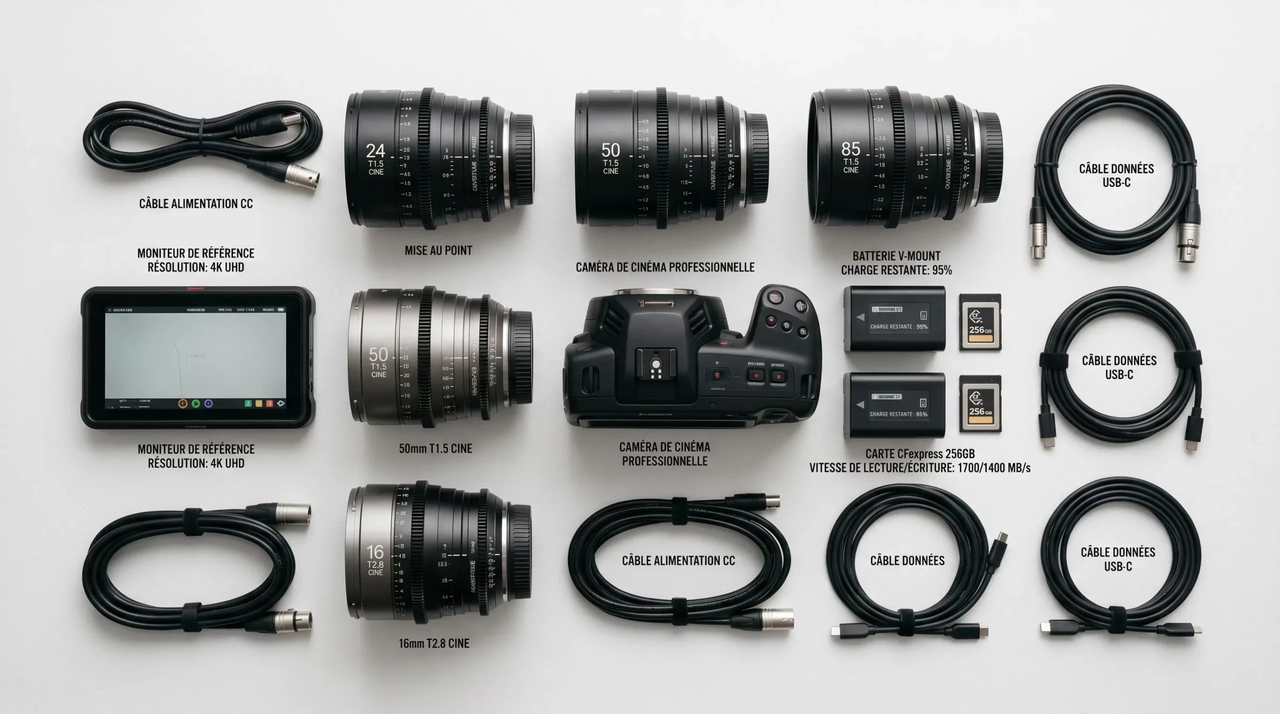 Composition organisée d'équipement de tournage professionnel : caméra, optiques cinéma, batteries, cartes mémoire et moniteur externe sur fond blanc