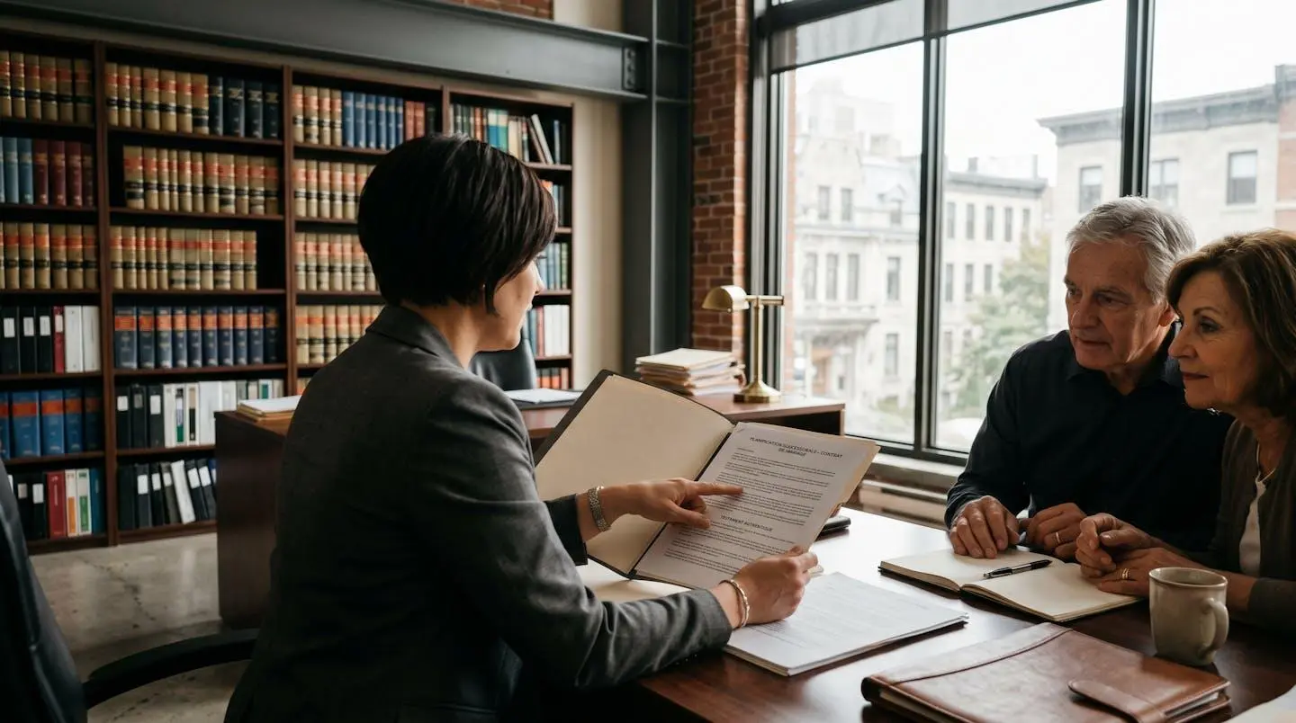 Conseiller en gestion de patrimoine présentant documents de succession à clients dans bureau professionnel avec bibliothèque juridique