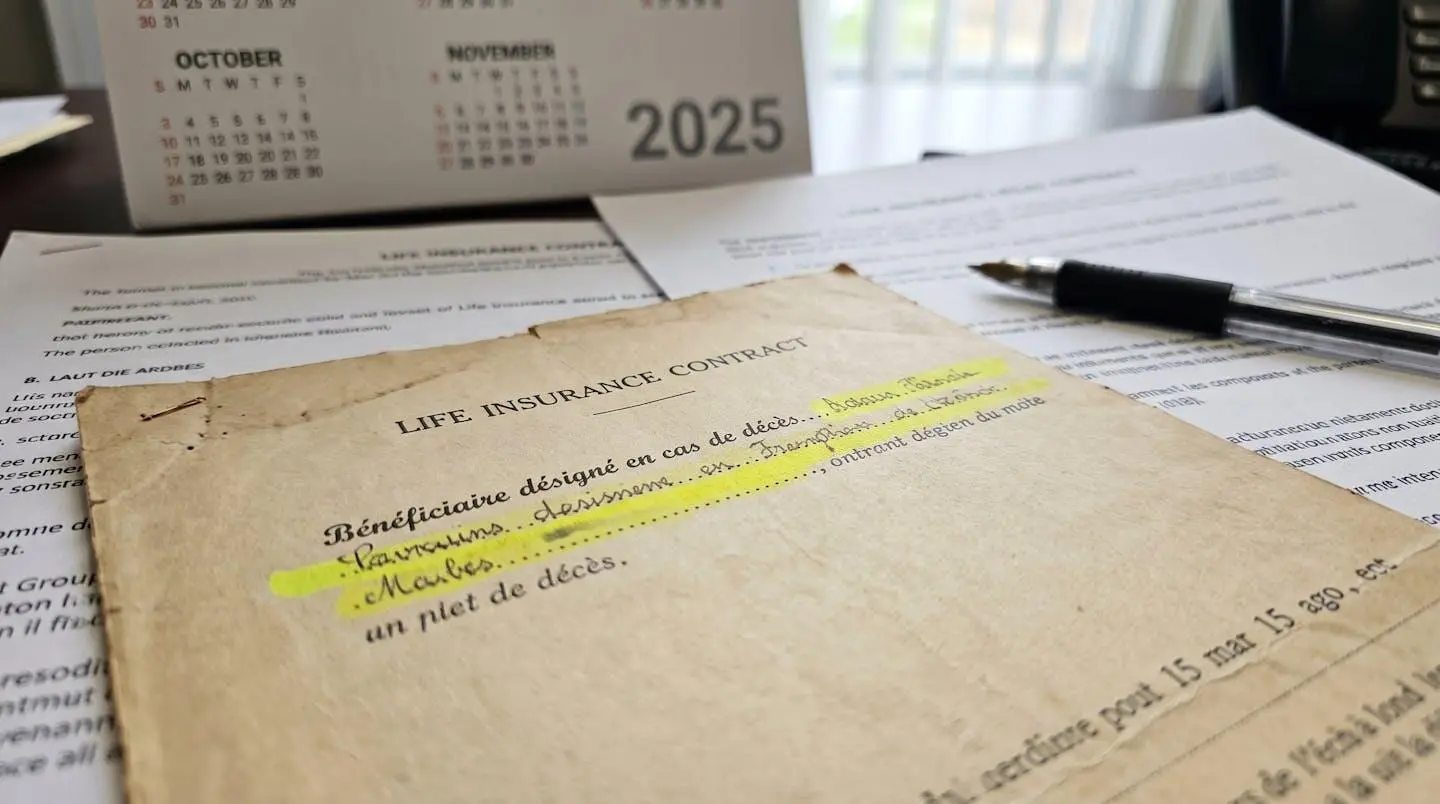 Ancien contrat d'assurance-vie avec clause bénéficiaire manuscrite obsolète surlignée en jaune sur bureau avec calendrier 2025