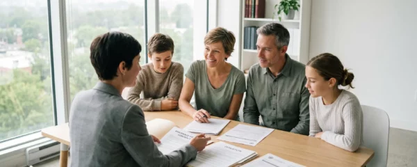 Famille avec enfants consultant un conseiller en gestion de patrimoine dans un bureau contemporain lumineux avec documents de planification successorale sur table