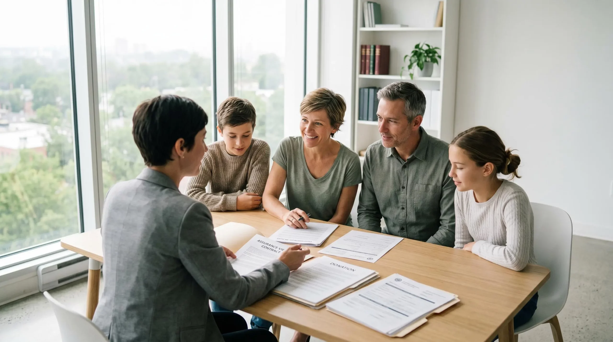 Famille avec enfants consultant un conseiller en gestion de patrimoine dans un bureau contemporain lumineux avec documents de planification successorale sur table