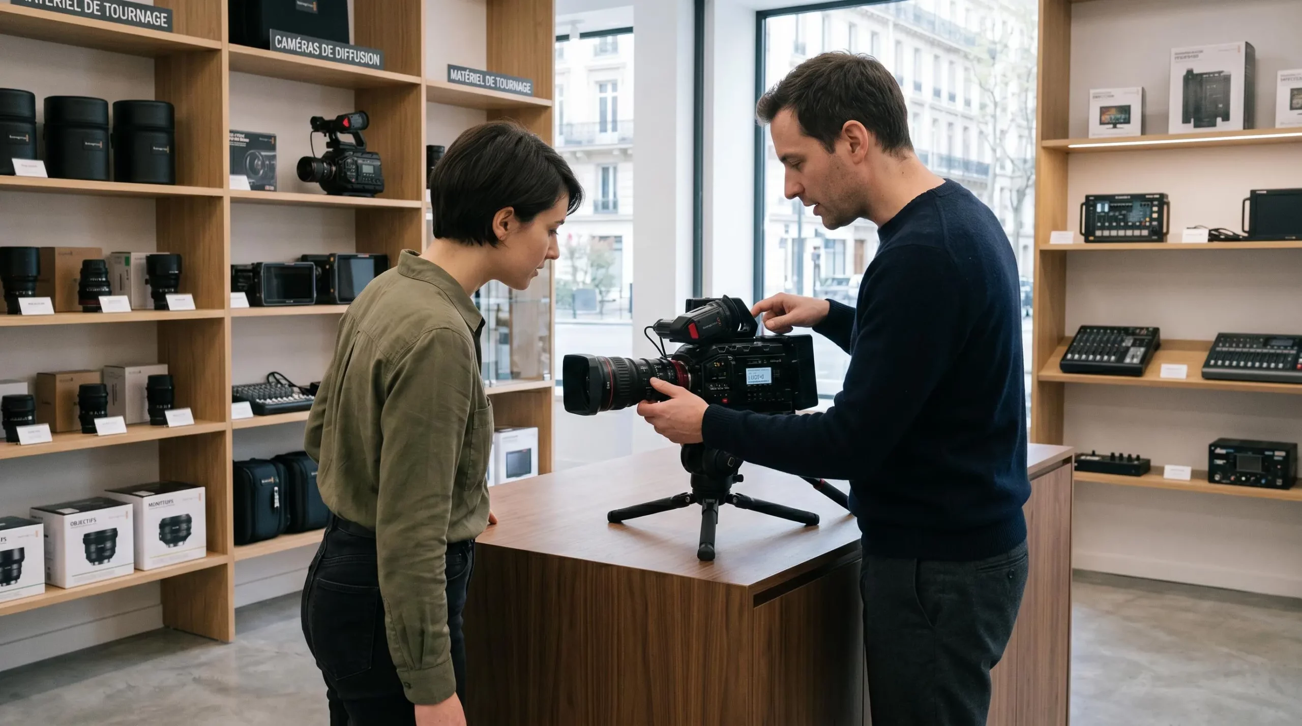 Technicien spécialisé présentant les caractéristiques d'une caméra professionnelle à un client dans une boutique d'équipement audiovisuel
