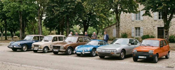 Cinq véhicules de collection français authentiques (Citroën DS, Peugeot 504, Renault 4L, Alpine A110) alignés lors d'un rassemblement de collectionneurs en France, lumière naturelle d'après-midi, carrosseries restaurées en parfait état