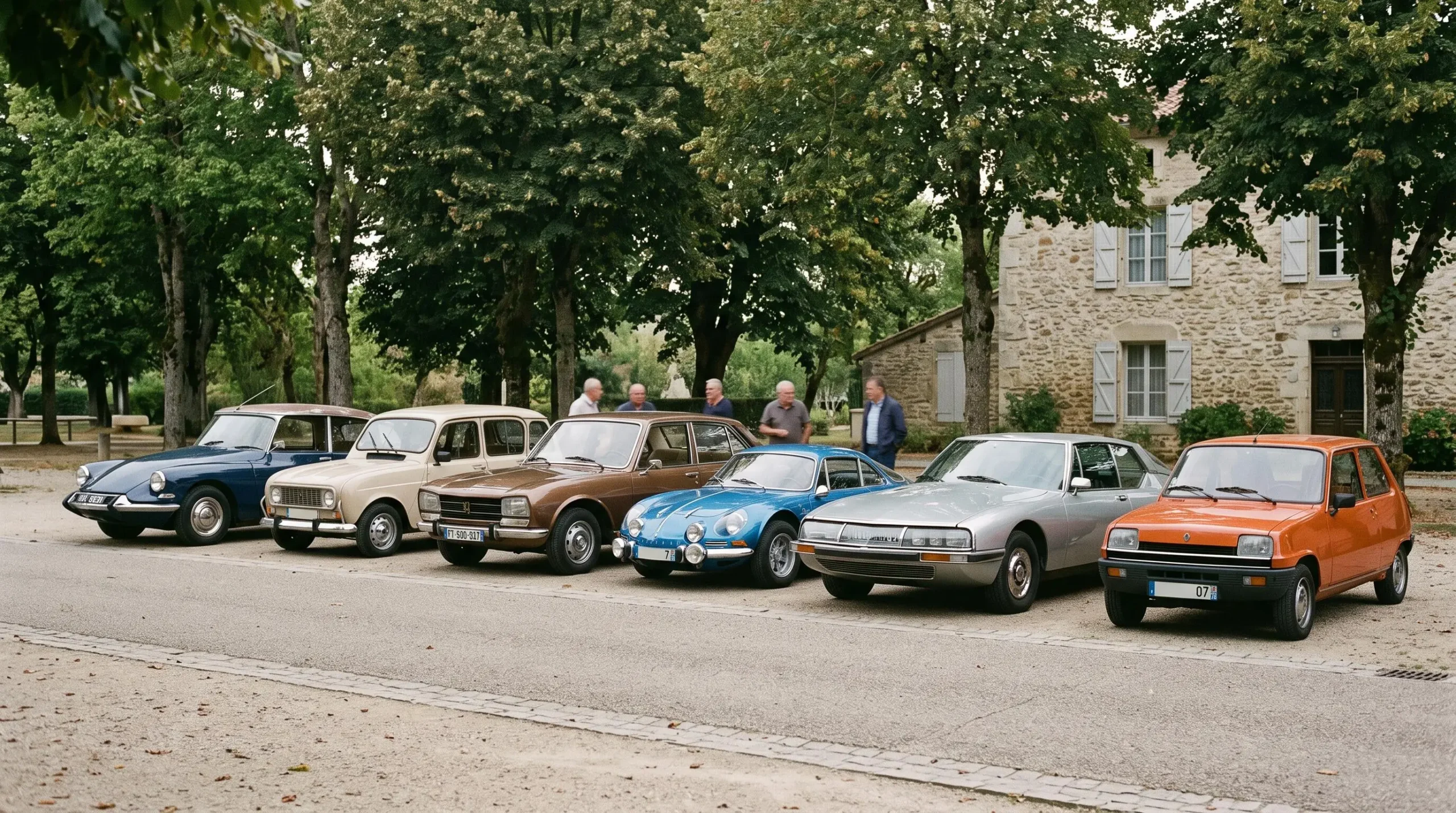 Cinq véhicules de collection français authentiques (Citroën DS, Peugeot 504, Renault 4L, Alpine A110) alignés lors d'un rassemblement de collectionneurs en France, lumière naturelle d'après-midi, carrosseries restaurées en parfait état