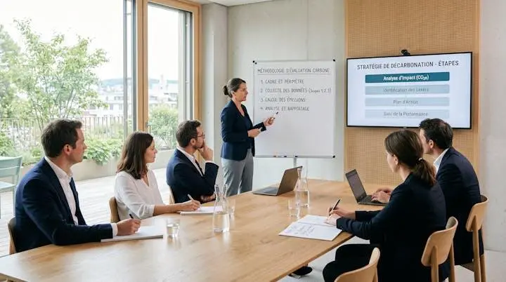 Consultant présentant la méthodologie de bilan carbone à une équipe dirigeante dans une salle de réunion moderne
