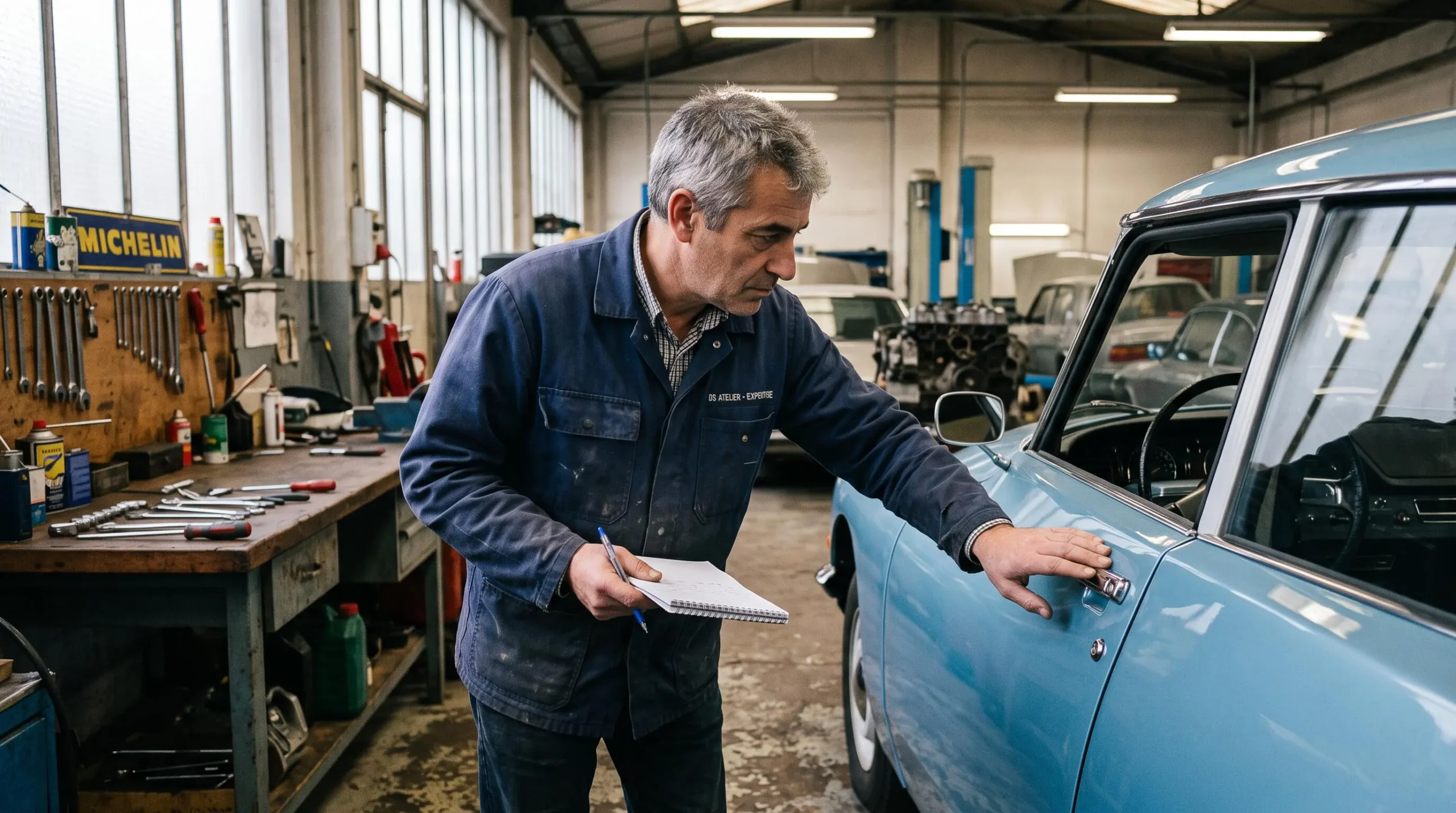 Expert automobile examinant la carrosserie d'une Citroën DS de collection dans un garage spécialisé, carnet d'expertise en main, lumière atelier