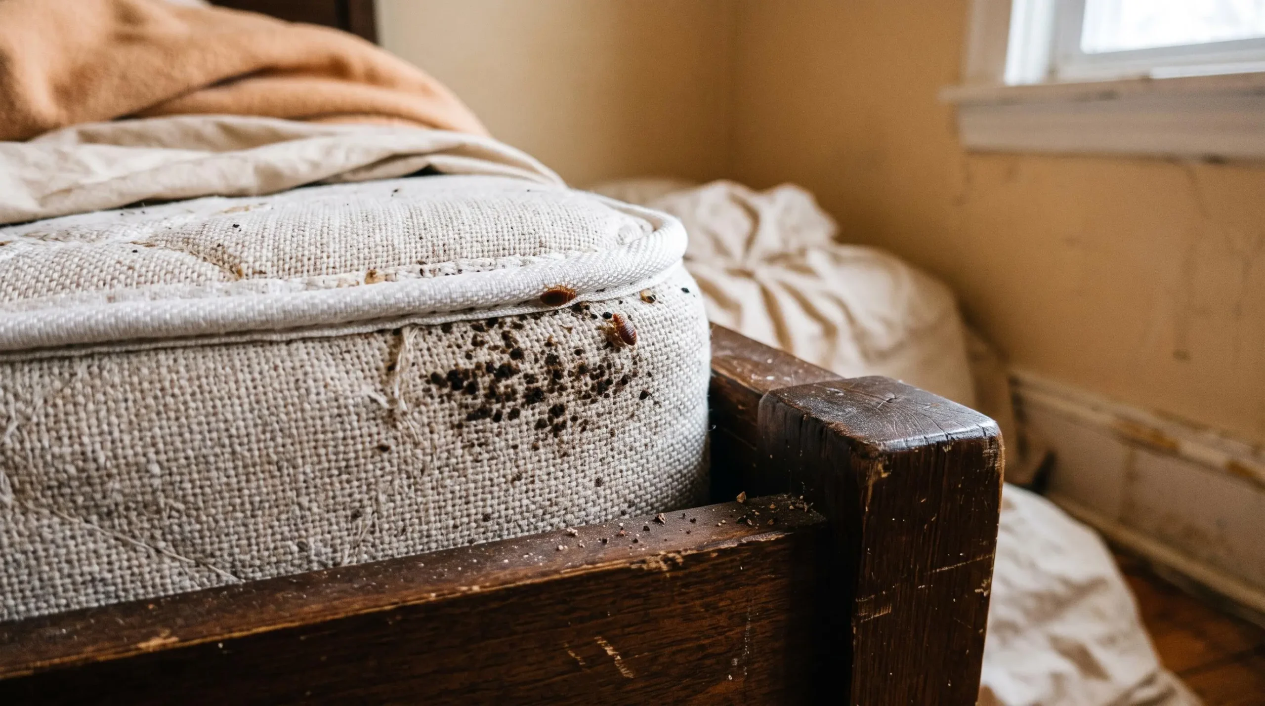 Gros plan sur les coutures d'un matelas et les jointures du sommier montrant les zones typiques de cachette des punaises de lit