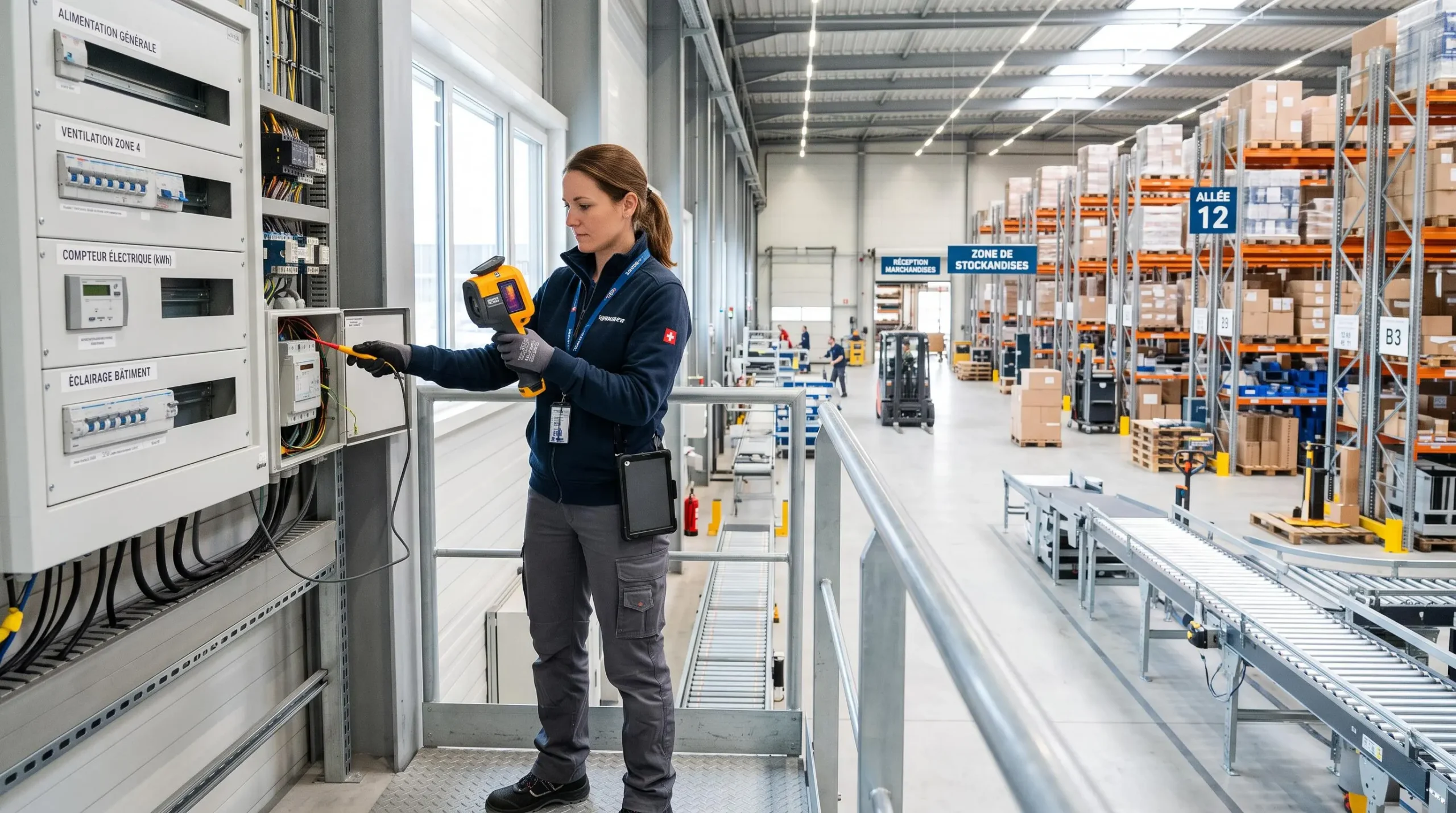 Technicien réalisant un audit énergétique dans un entrepôt industriel moderne avec équipements de mesure