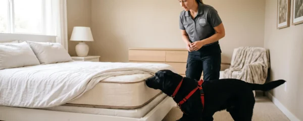 Technicien professionnel avec son chien détecteur spécialisé en train d'inspecter un matelas dans une chambre pour identifier la présence de punaises de lit