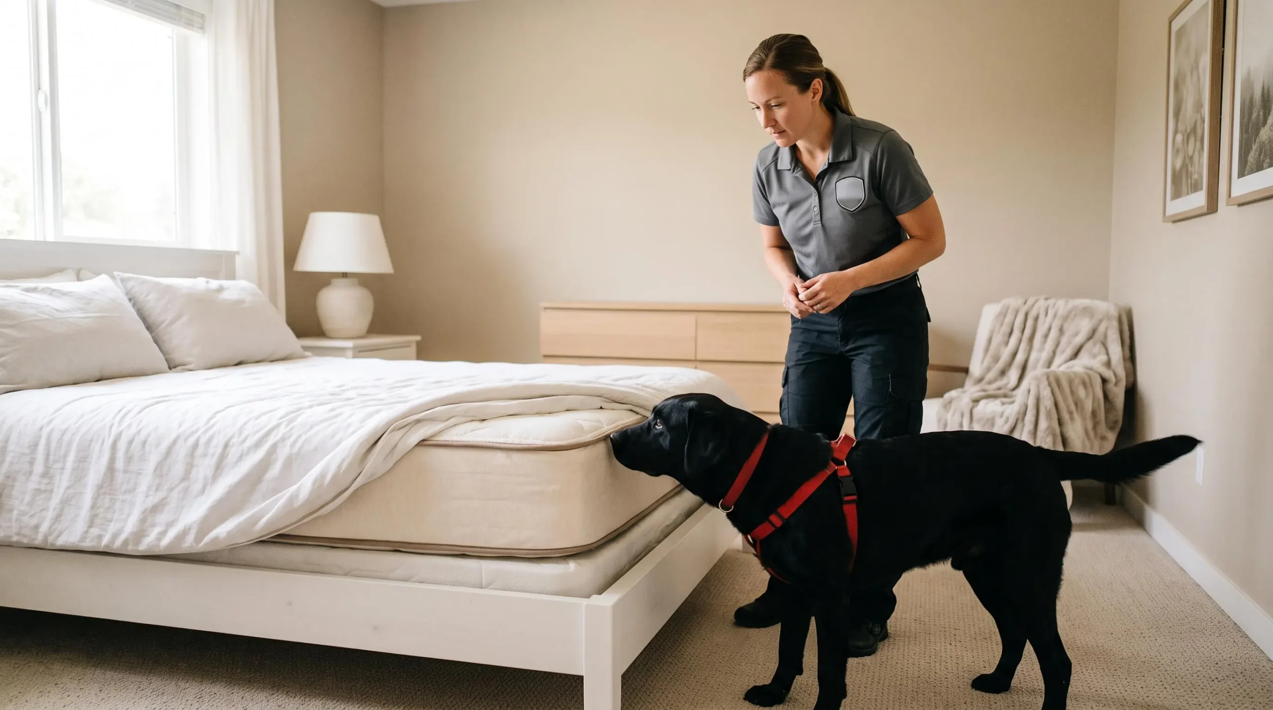 Technicien professionnel avec son chien détecteur spécialisé en train d'inspecter un matelas dans une chambre pour identifier la présence de punaises de lit