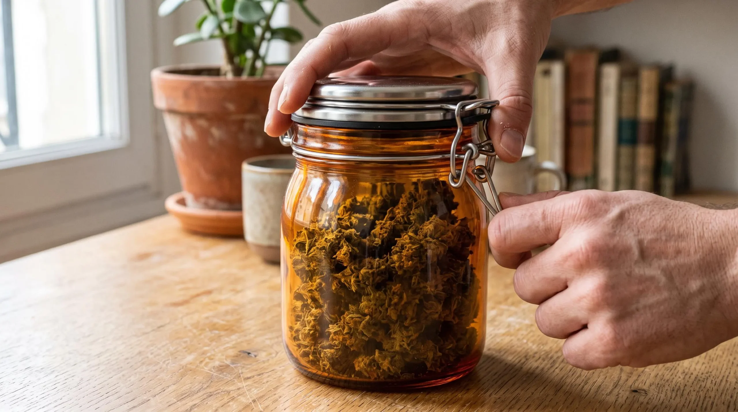 Main fermant le couvercle hermétique d'un bocal en verre ambré contenant des fleurs de CBD sur une surface en bois