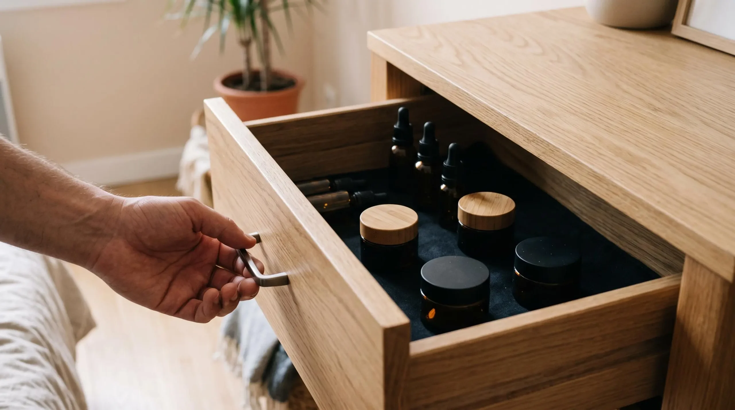 Main ouvrant un tiroir en bois révélant des produits CBD rangés dans l'obscurité à l'intérieur d'un meuble
