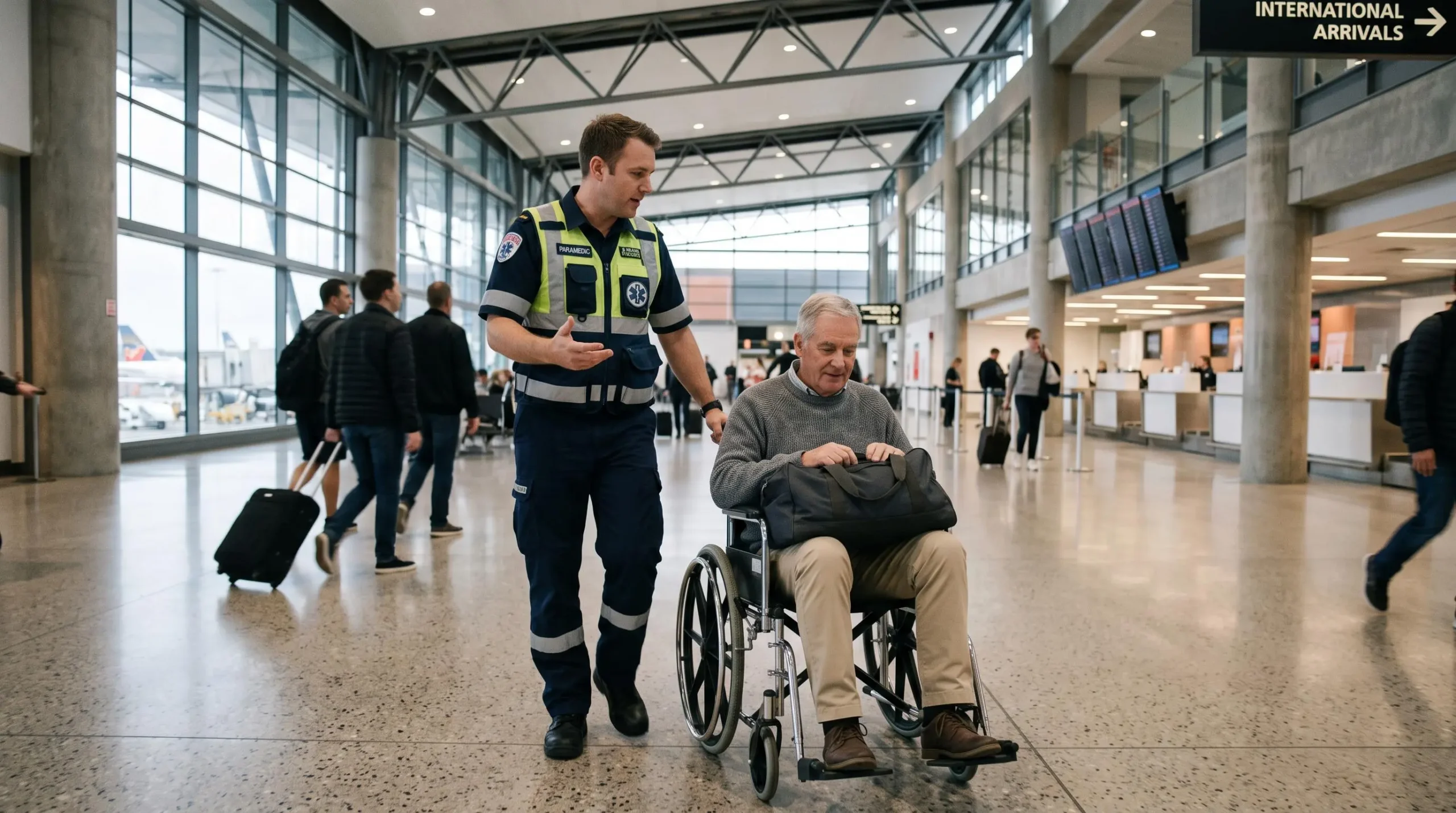 Personnel médical professionnel accompagnant un passager en fauteuil roulant dans un terminal d'aéroport lors d'une assistance médicale ou rapatriement