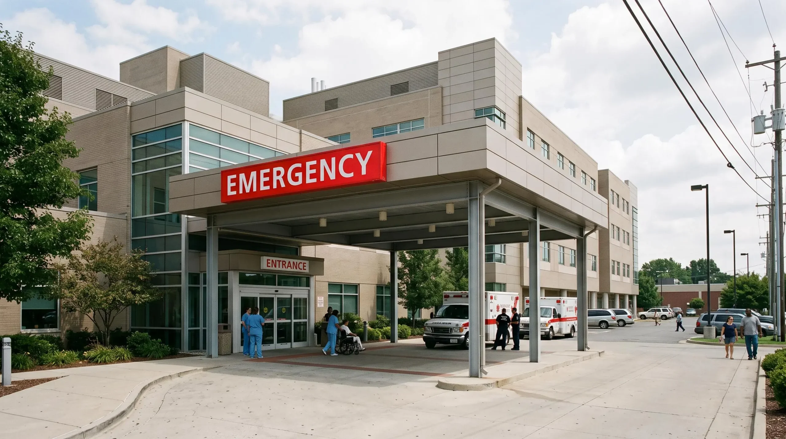 Entrée des urgences d'un hôpital américain typique avec signalétique Emergency et architecture institutionnelle caractéristique des États-Unis