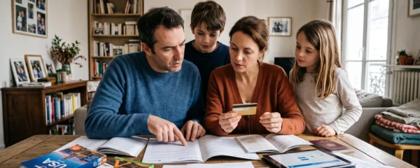 Famille française réunie autour d'une table examinant ensemble documents d'assurance voyage et cartes bancaires en préparation d'un voyage aux États-Unis
