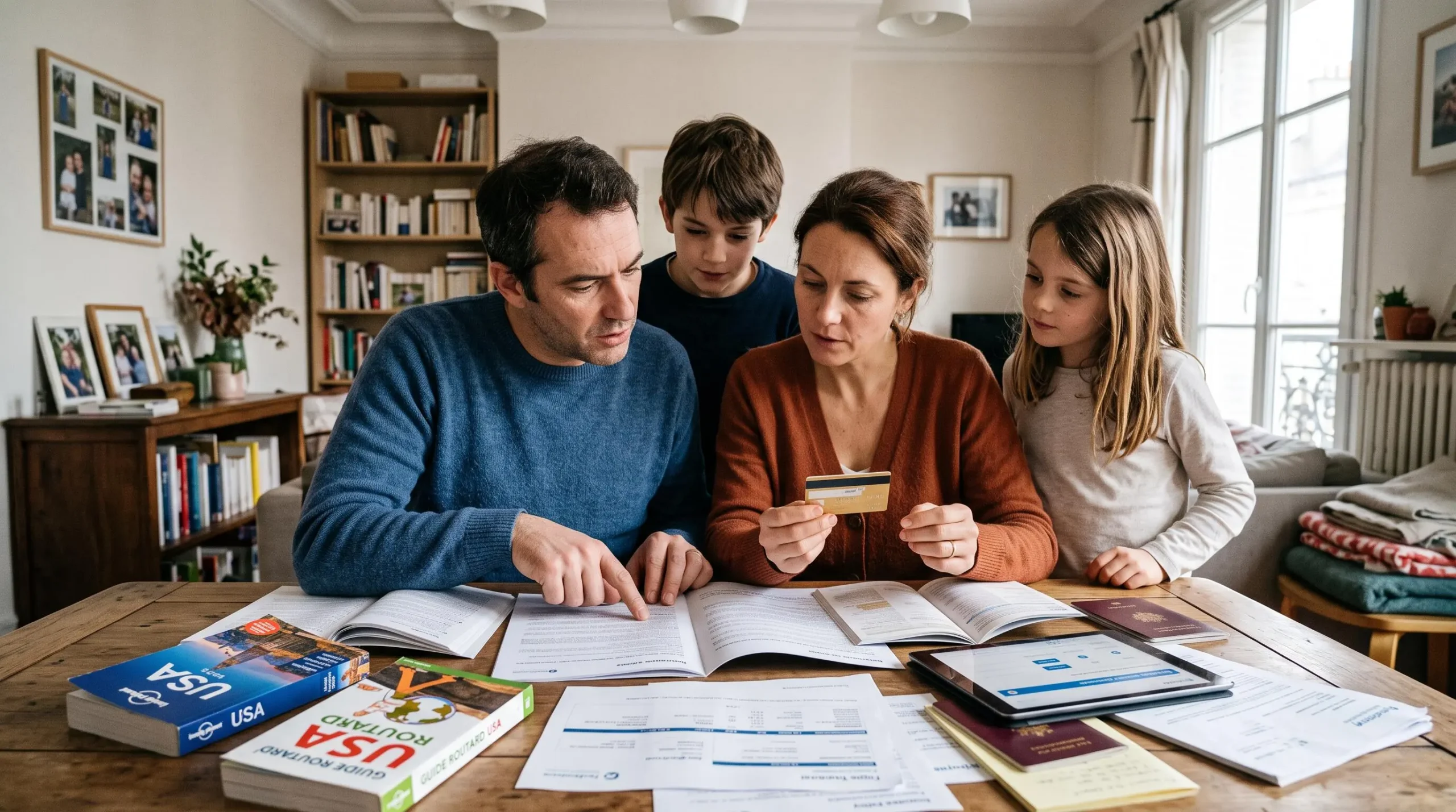 Famille française réunie autour d'une table examinant ensemble documents d'assurance voyage et cartes bancaires en préparation d'un voyage aux États-Unis