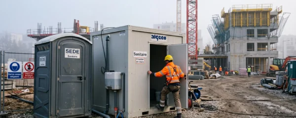 Deux cabines sanitaires de chantier posées côte à côte sur un sol de gravier, un ouvrier en approche.