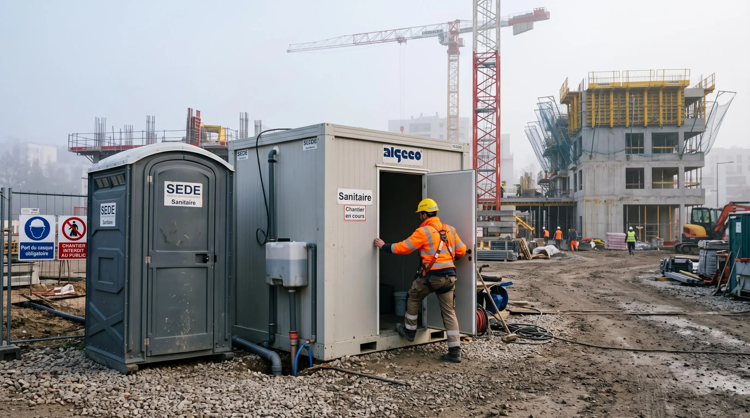 Deux cabines sanitaires de chantier posées côte à côte sur un sol de gravier, un ouvrier en approche.