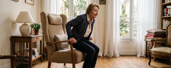 Une senior se relève naturellement d'un fauteuil ergonomique dans son salon lumineux.