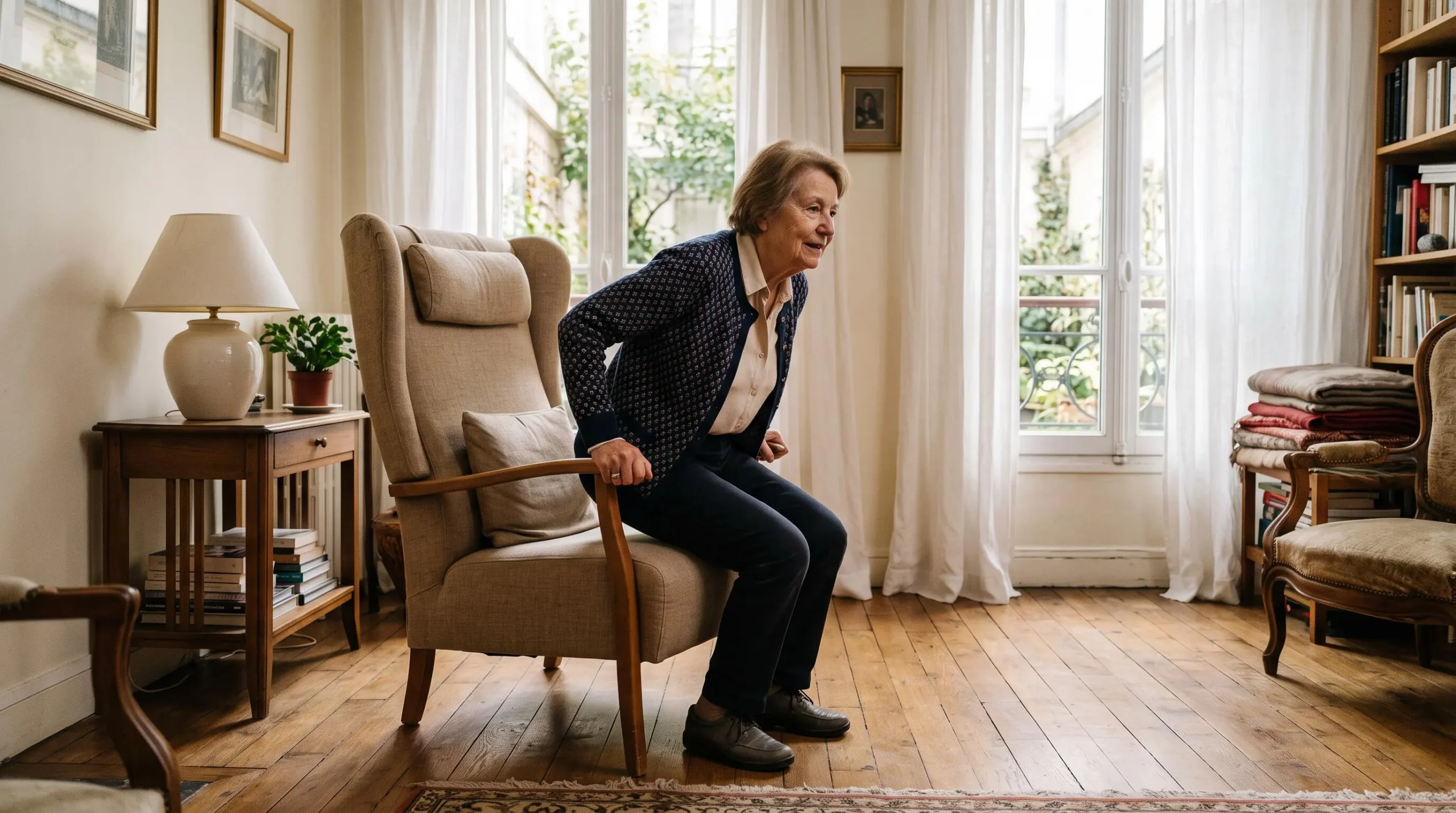 Une senior se relève naturellement d'un fauteuil ergonomique dans son salon lumineux.