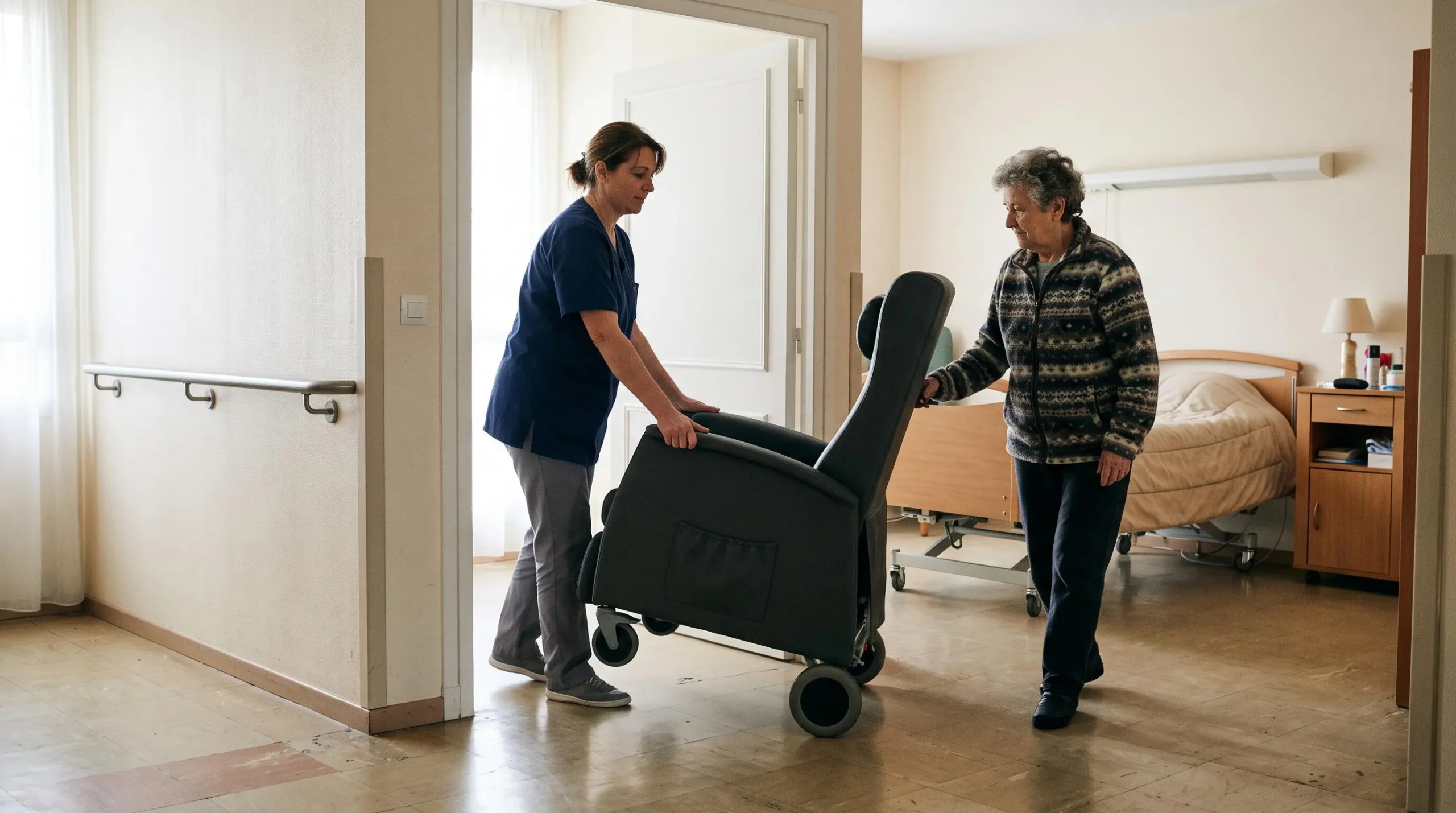 Un soignant installe un fauteuil de repos adapté dans une chambre d'EHPAD.
