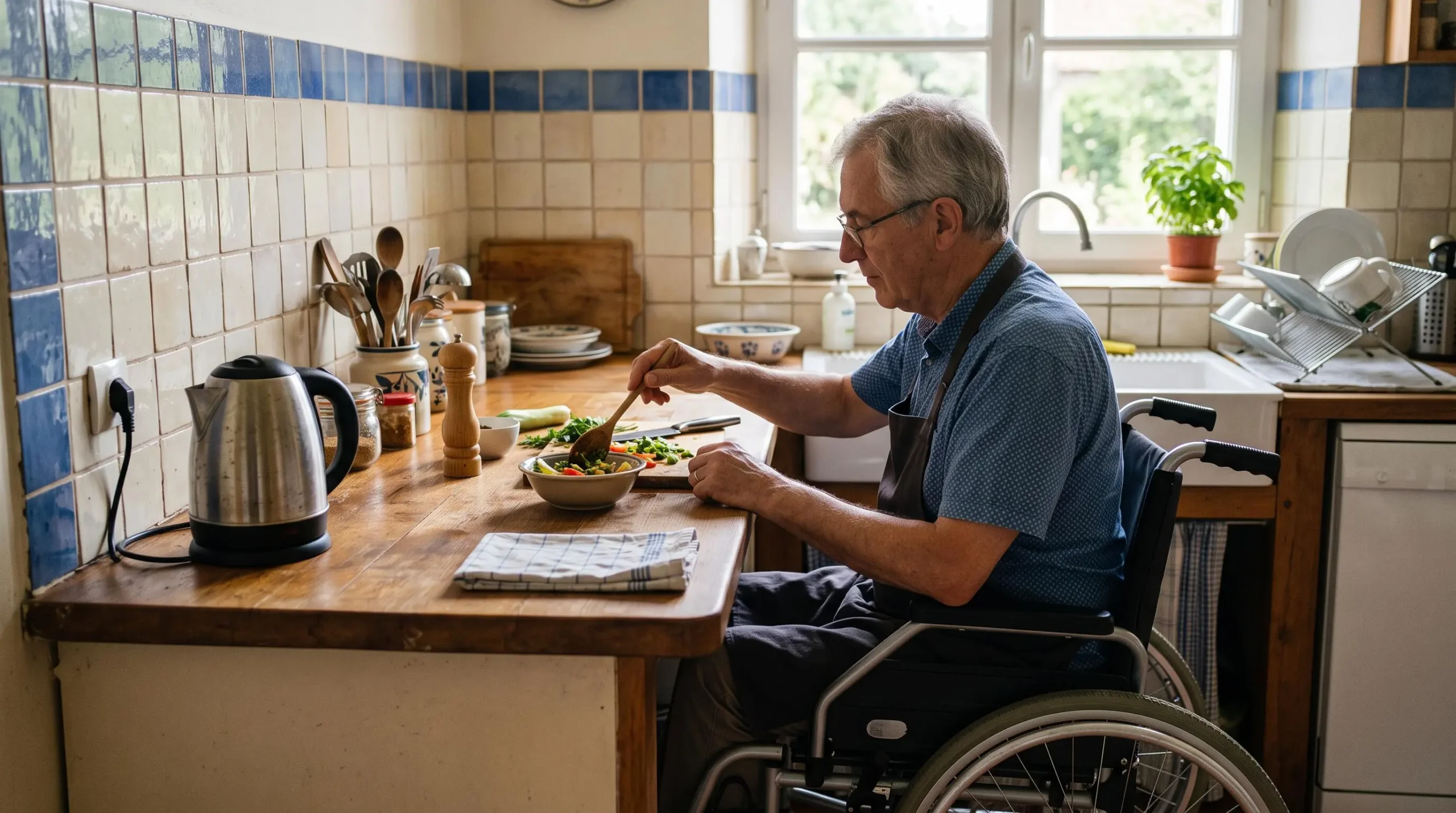 Un senior prépare un thé à un plan de travail PMR adapté à l'assise.