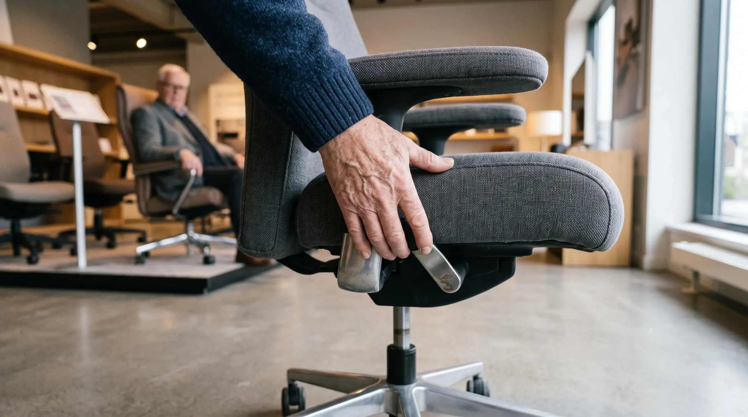 Une main senior teste le levier de réglage d'un fauteuil ergonomique en magasin.